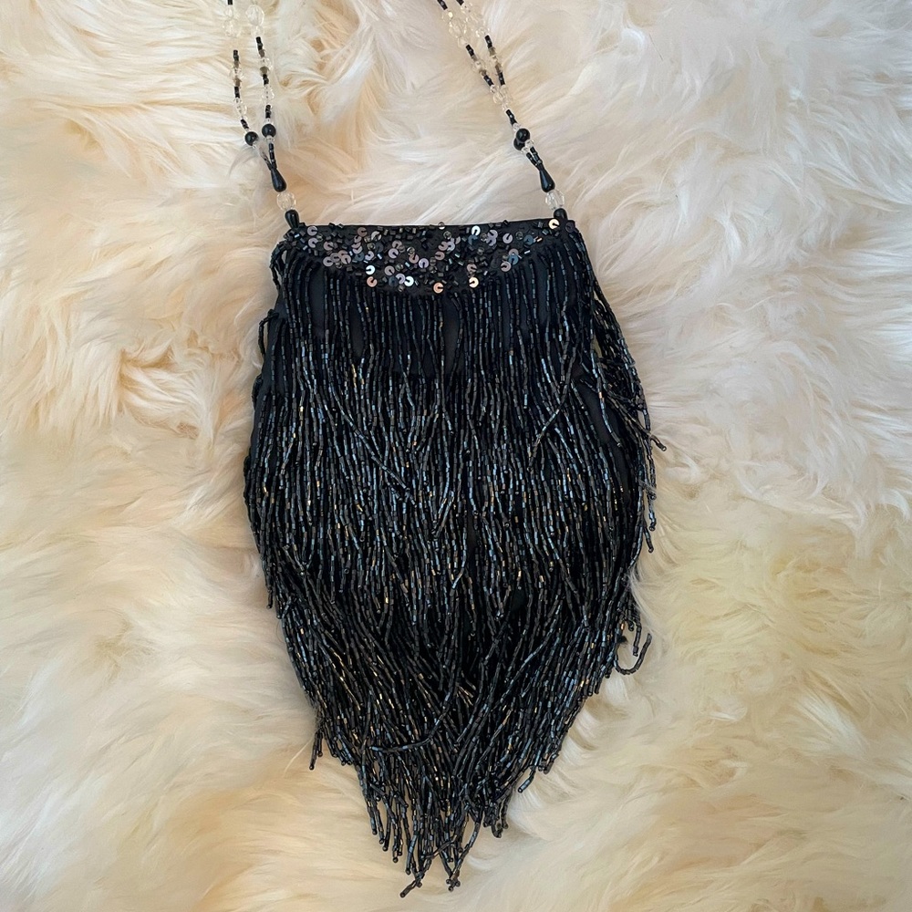 Cache Black and Silver Fringe Beaded 20’s Flapper Style Bag